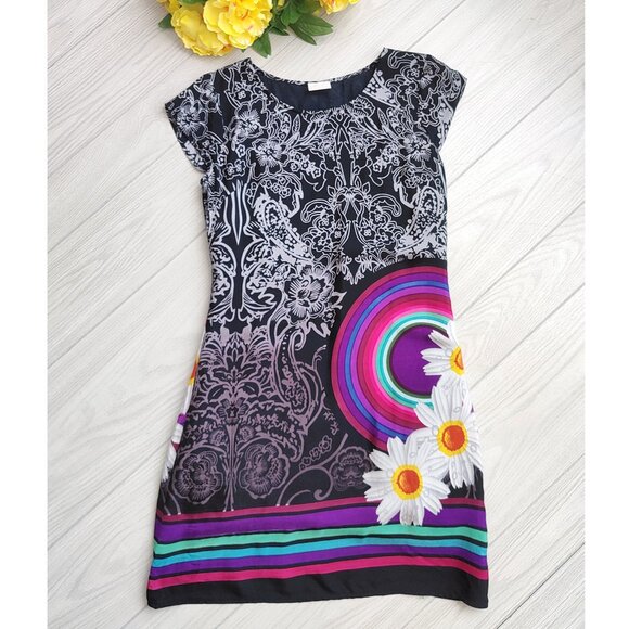 Rainbow Daisy Flower Black Dress Lined Boho Midi Short Sleeve M - Picture 8 of 13